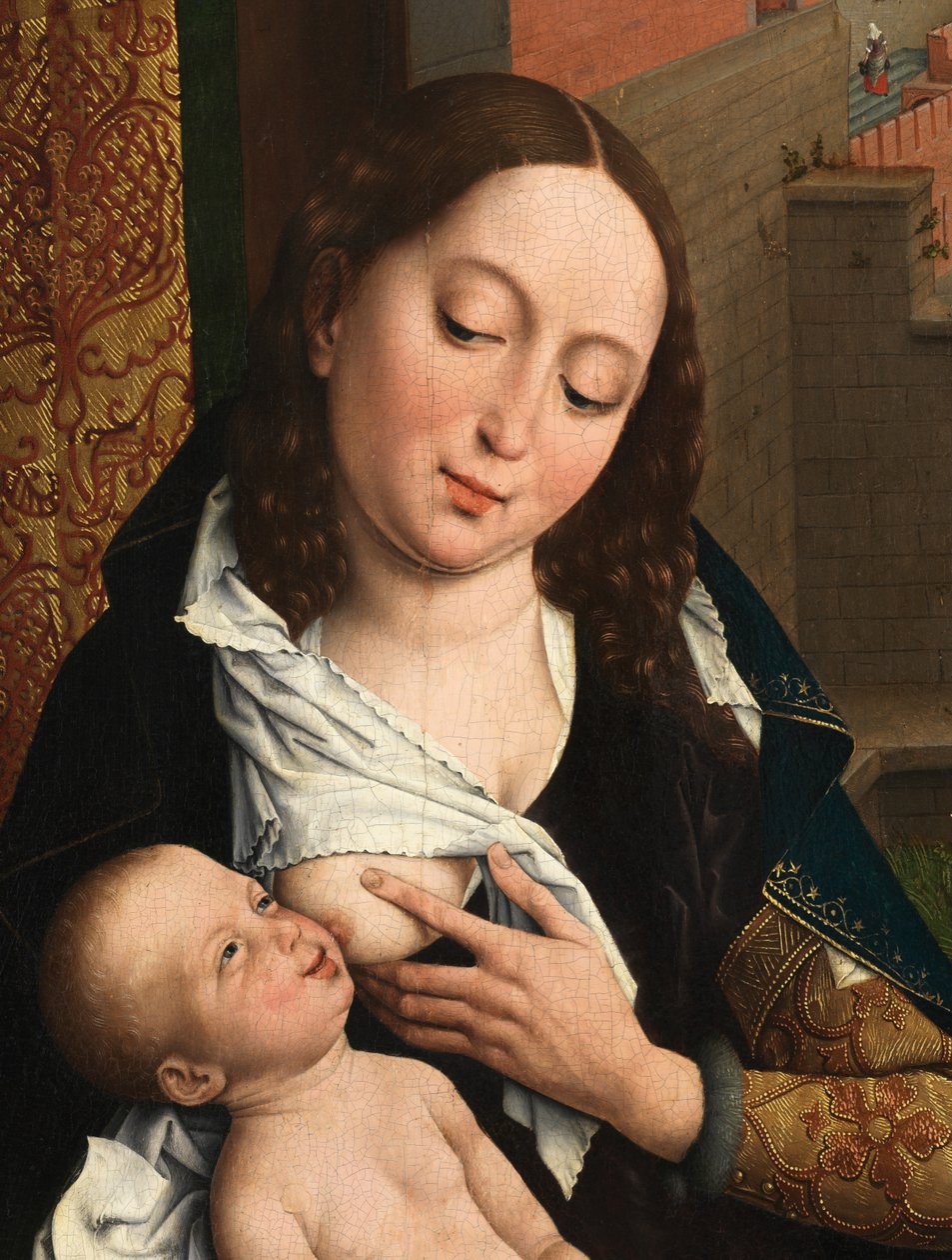 Detail svatého Lukáše kreslícího portrét Panny Marie (olej na desce) od Rogier van der (after) Weyden