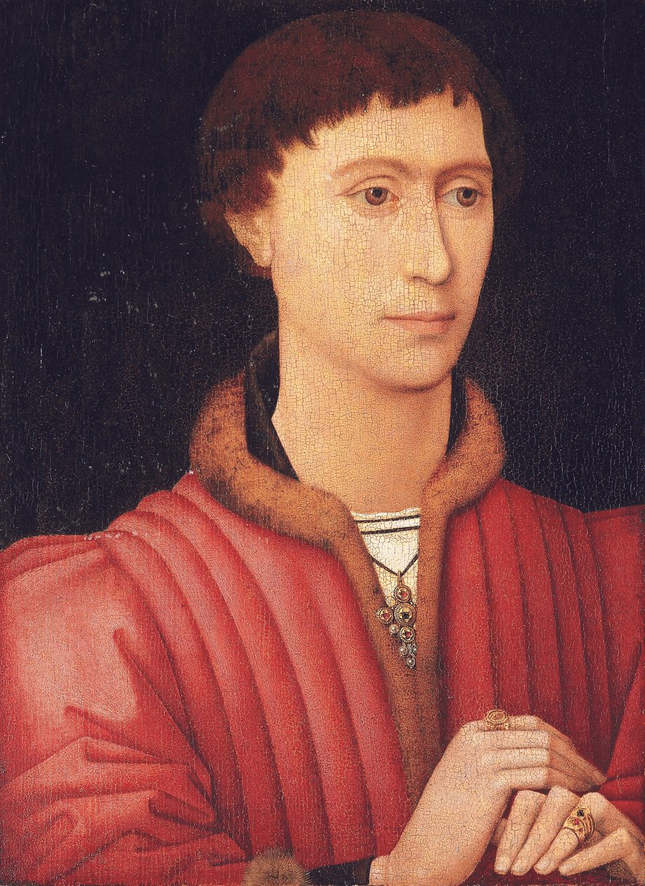 Portrét mladého muže, po poprsí, v červeném kabátci lemovaném kožešinou, cca 1450-60 (olej na desce) od Rogier van der (circle of) Weyden