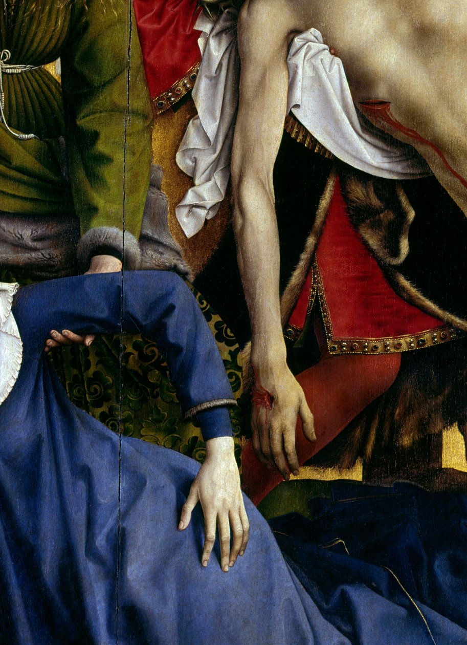 Složení nebo sestoupení kříže. Detail ruky zmizelé panny a ruky Kristovy. Oltář Rogier (Roger) Van Der Weyden (1400-1464) 1435 Rozm. 2,20 x 0,35 m Madrid, muzeum Prado od Rogier van der Weyden
