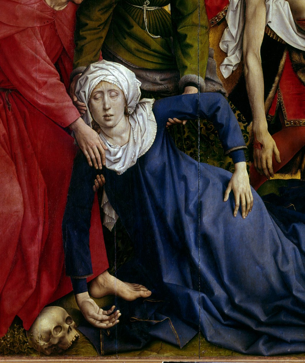 Složení nebo sestoupení kříže. Detail zmizelé panny. Oltář Rogier (Roger) Van Der Weyden (1400-1464) 1435 Rozm. 2,20 x 0,35 m Madrid, Musee du Prado - Sestavení aneb Sestup z kříže. Detail mdloby Panny. Oltářní obraz od od Rogier van der Weyden