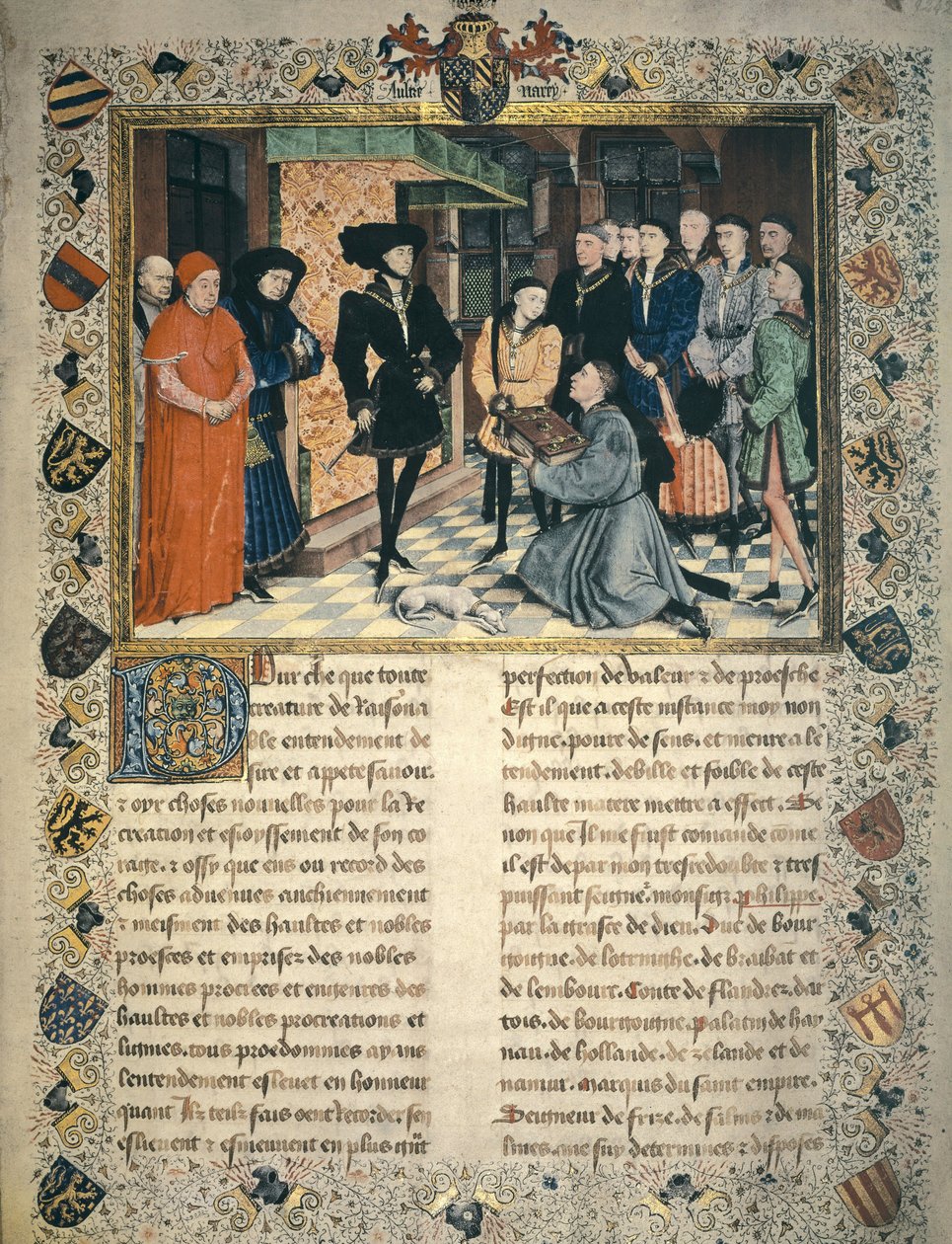 Jean Wauquelin (zemřel 1452) představuje překlad Chronicles of Hainaut na Philip III z Burgundska od Rogier van der Weyden