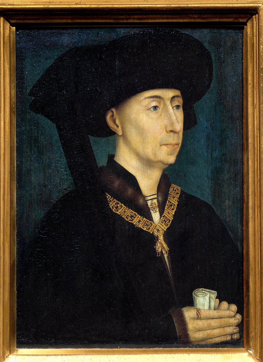 Portrét Filipa III. Burgundského zvaného Filip Dobrý (1396-1467) Je nositelem vyznamenání Řádu zlatého rouna. Obraz Rogera (Rogiera) van der Weydena (1400-1464) 1445 Rozm. 0,31x0,23 m Dijon, musee des Beaux Arts - Portrét Filipa II od Rogier van der Weyden