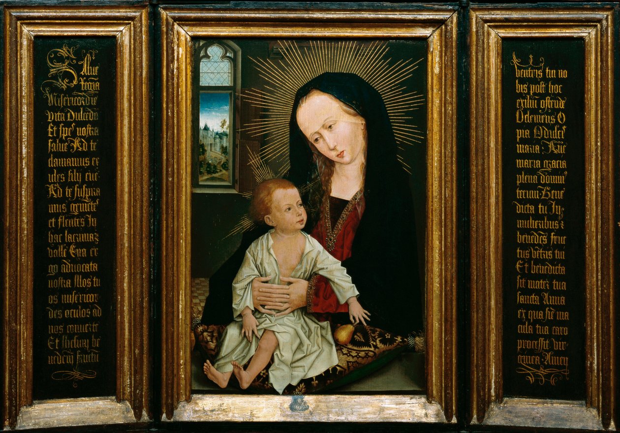 Salve Regina (Salve, ó královno, katolická modlitba), znázornění Panny Marie s dítětem drží hrušku (olej na dřevě) od Rogier van der Weyden