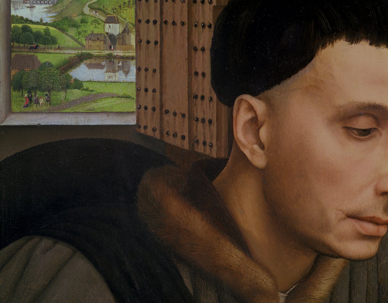 Sv. Ivo, detail okna a hlavy sv. Iva, kolem 1450 od Rogier van der Weyden