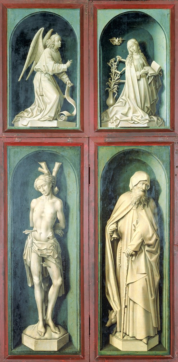 Zvěstování, sv. Šebestián, sv. Antonín Veliký a dva donátoři, desky z rubu Posledního soudu, kolem 1445-50 (olej na desce) od Rogier van der Weyden