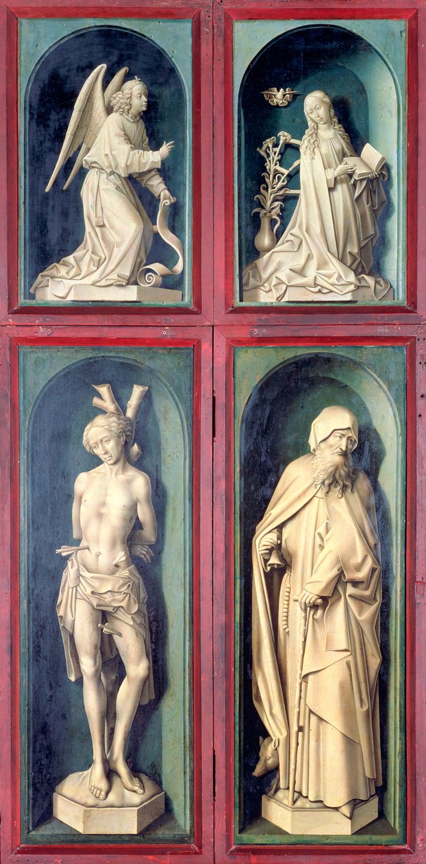 Zvěstování, sv. Šebestián a sv. Antonín Veliký, panely z rubu Posledního soudu, kolem 1445-50 od Rogier van der Weyden