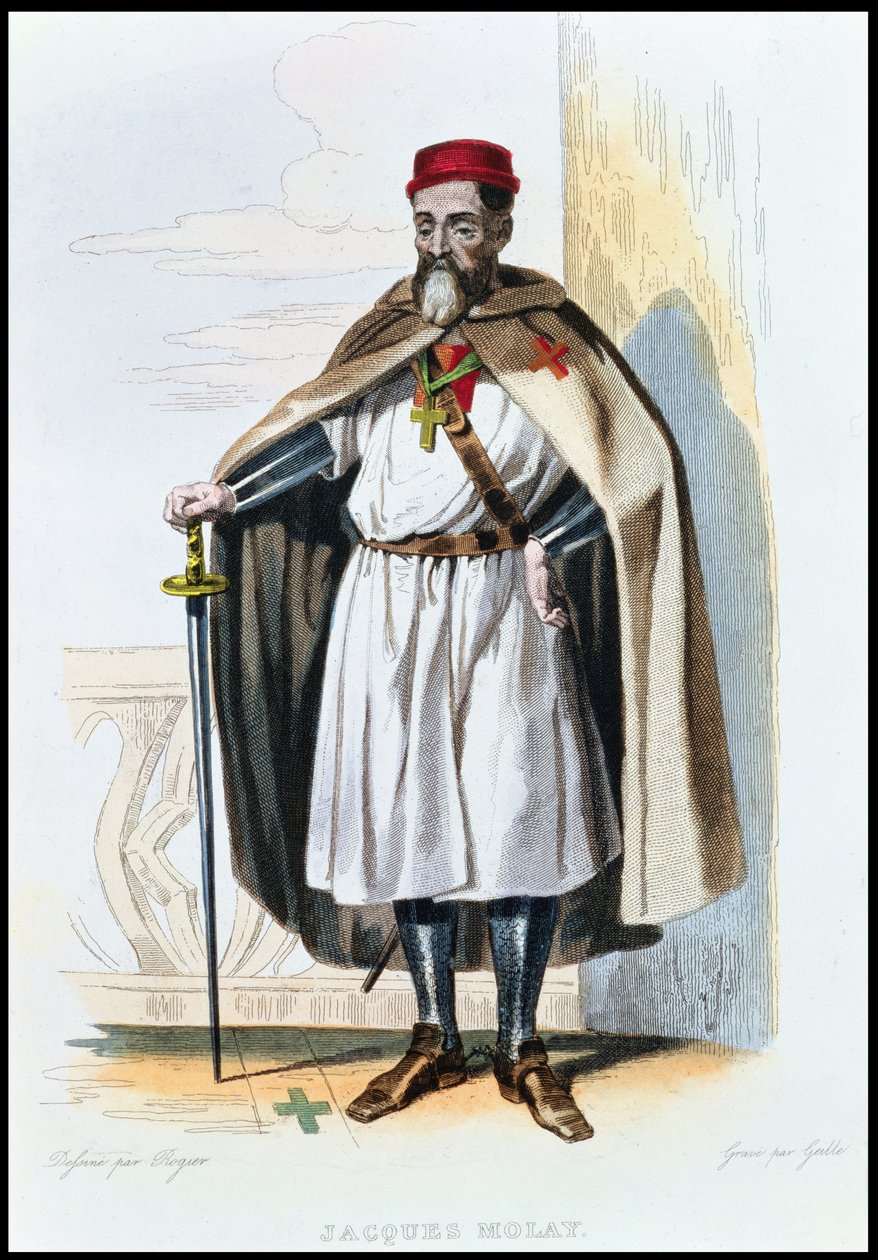 Portrét Jacquese de Molay (asi 1243-1314) Mistr templářských rytířů, ilustrace z „Le Plutarque Francais“ od E. Mennecheta, rytina Geille, 1835 od Roguer