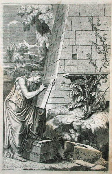 Klasická scéna architekta při práci, ilustrace z Chambrayova „Paralelu starověké architektury s moderní“, vydaného v roce 1723 (rytina) od Roland (after) Freart de Chambray