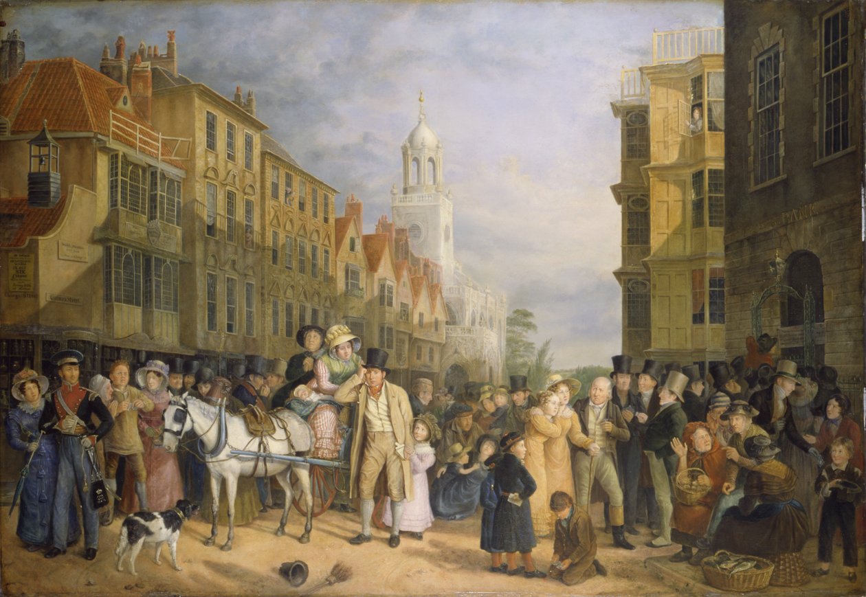 Zastavení banky, c.1827 (olej na panelu) od Rolinda Sharples