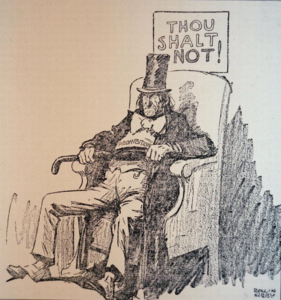 ‚Nebudeš‘, karikatura odsuzující konzumaci alkoholu během éry americké prohibice (1920-33) (litho) od Rollin Kirby