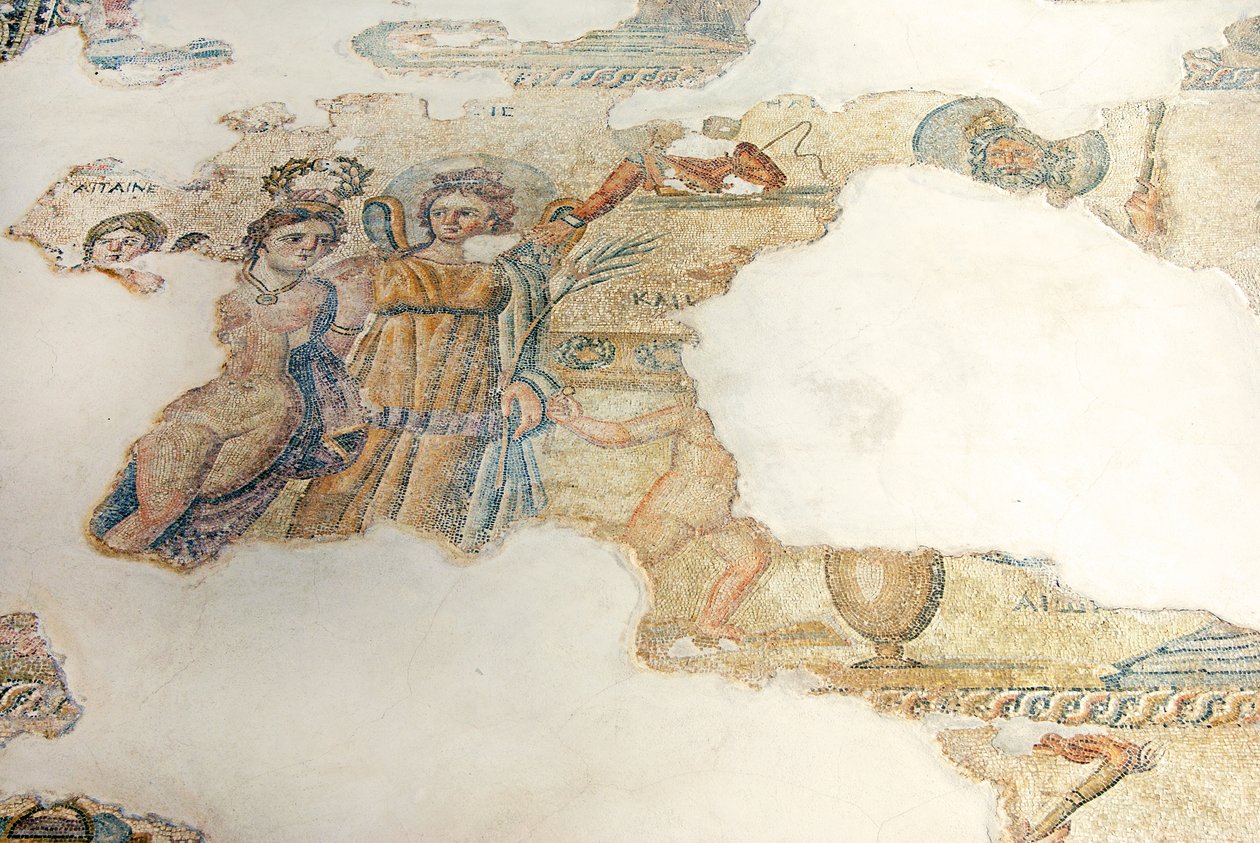 Soutěž krásy mezi Cassiopeiou a Nereidami, kterou posuzoval Aion, Dům Aionů, Paphos, Kypr (mozaika) od Roman