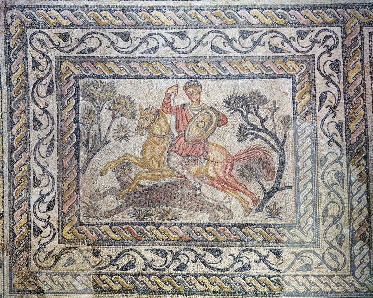 Mozaika zobrazující lov leopardů z Villa de las Tiendas, c.326-400 (mozaika) od Roman