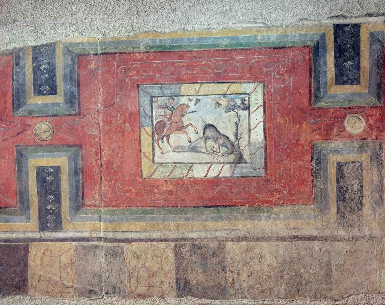 Nástěnná malba zobrazující loveckou scénu z rekreace interiéru římského domu od Roman