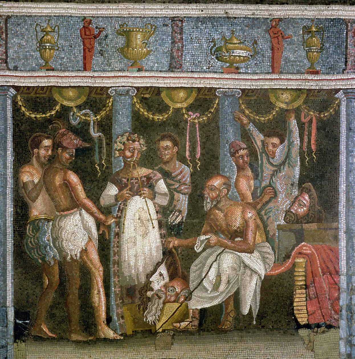 Herci zkoušející na hru Satyr, kolem 62–79 nl (mozaika) od Roman