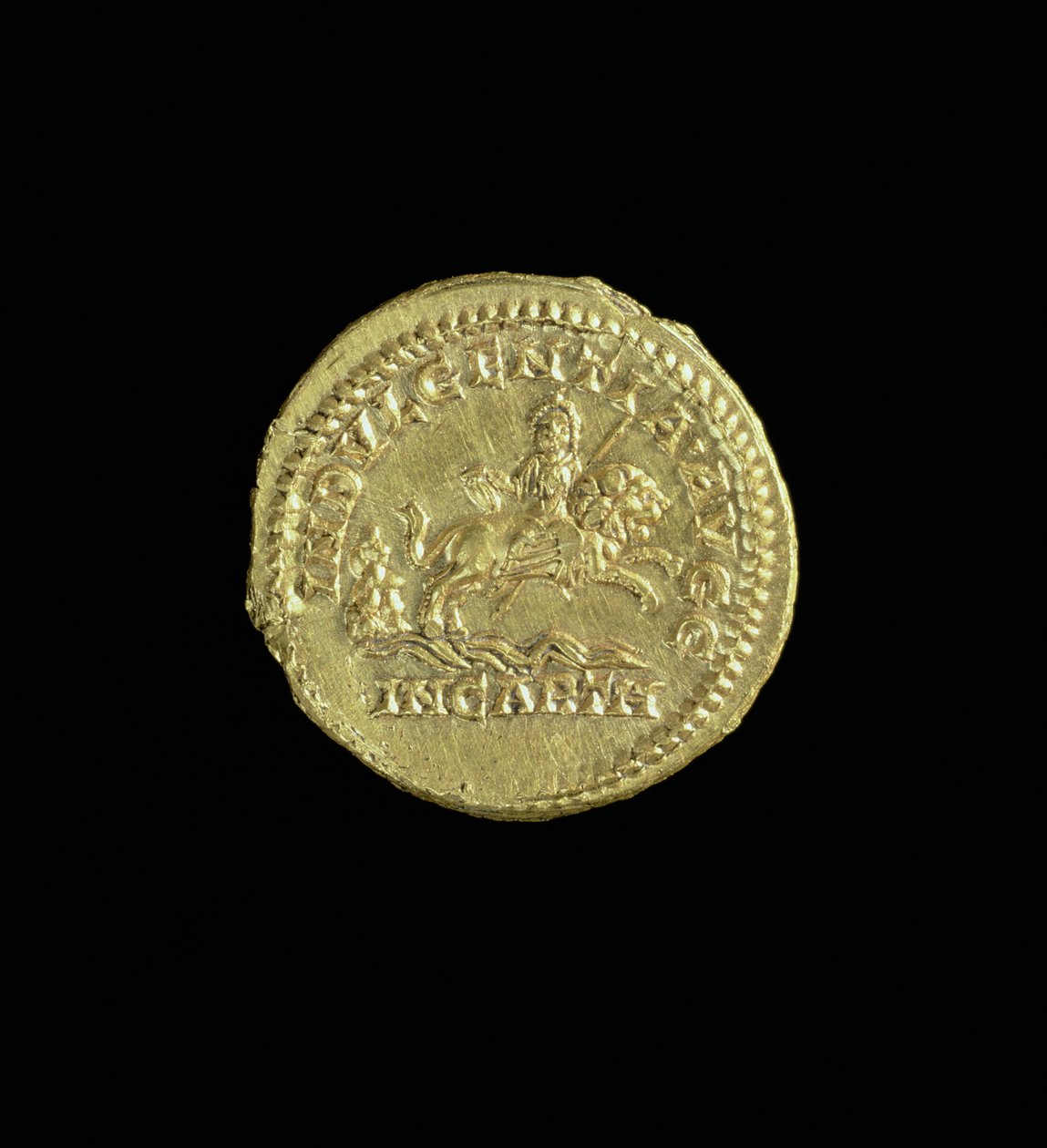 Aureus (revers) z Caracally (196-217 AD) zobrazující bohyni Caelestis jedoucí přímo na lvu. Nápis:INDVULGENTIA AVGG IN CARTH (zlato) (avers viz 119135) od Roman