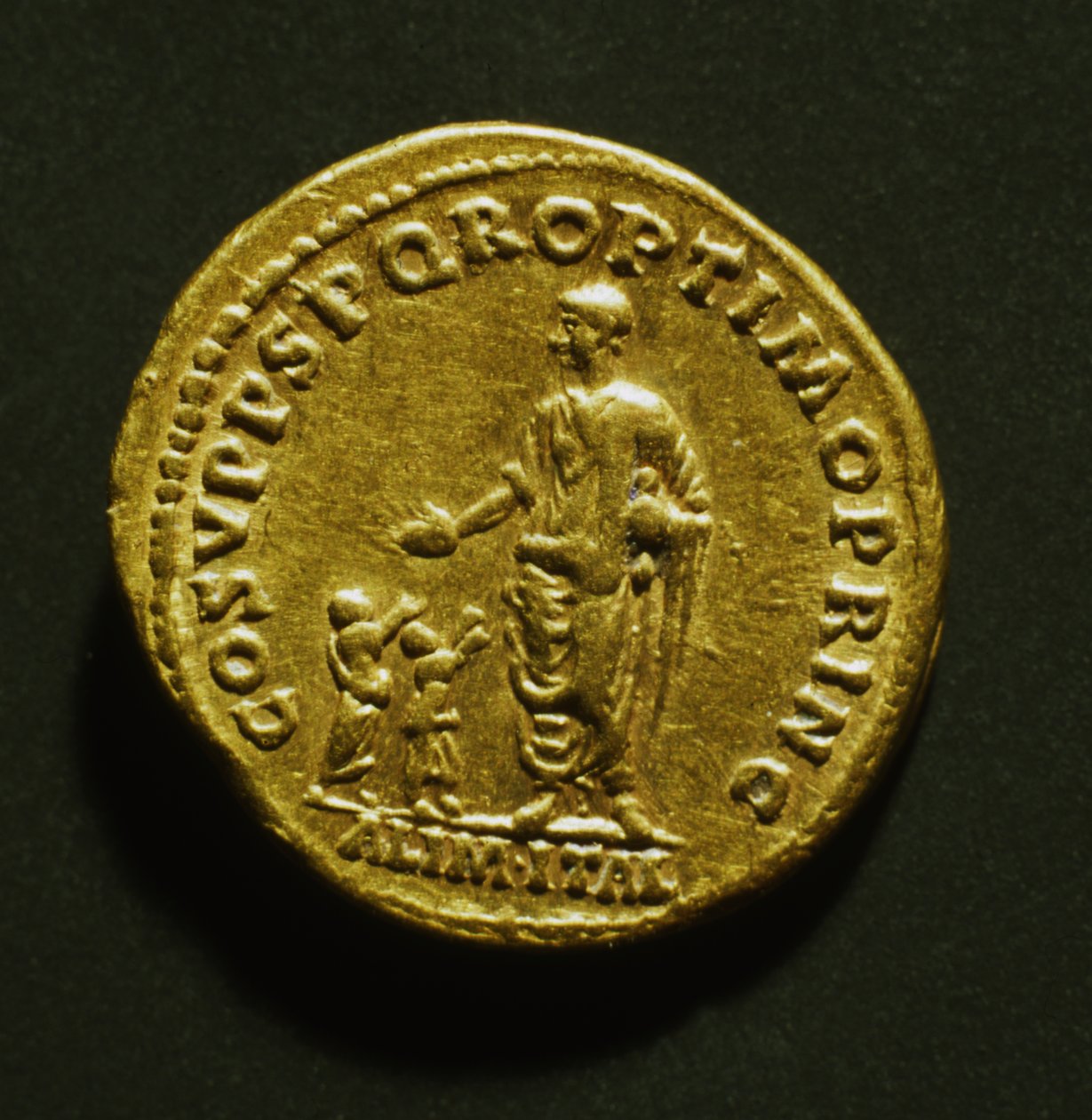 Aureus připomínající Trajanovo rozdělování jídla chudým dětem, 107 n. l. (zlato) od Roman