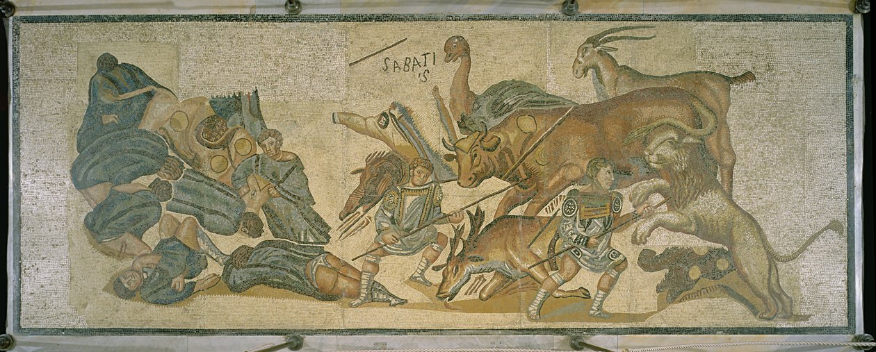 Bitva mezi gladiátory a zvířaty, 320 n. l. (mozaika) od Roman
