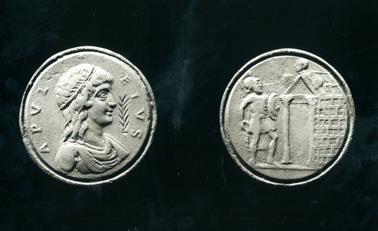 Contorniate představující Apuleia (asi 124 – po roce 170 n. l.) a rub zobrazující vojáka před chrámem, 4.–5. století (bronz) (viz také 136304) od Roman