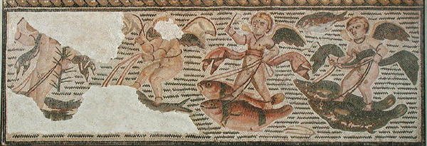 Amorové jedoucí na rybách, fragment chodníku ze Sousse (Hadrumetum) Tunisko (mozaika) od Roman
