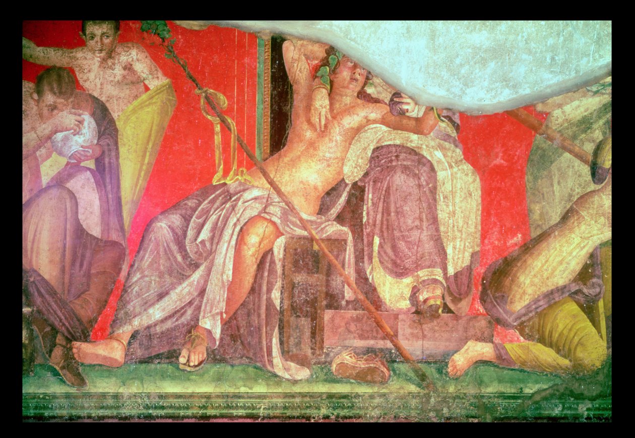 Dionýský doprovod s Dionýsem ležícím do klína ženy (možná Ariadna, Afrodita nebo Semele), East Wall, Oecus 5, 60-50 př.n.l. od Roman