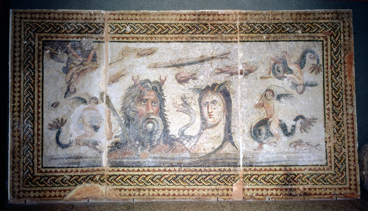 Podlaha zobrazující Oceanus a Tethys uprostřed mořských tvorů, z Belkis (nyní Zeugma) Turecko (mozaika) od Roman