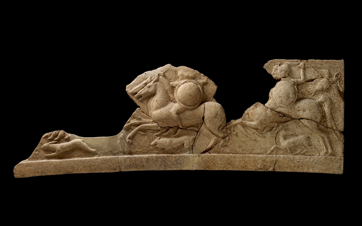 Vlys zobrazující dvojice jezdců, zajíc, pes a jelen, druhá polovina 6. století před naším letopočtem (terakota) od Roman