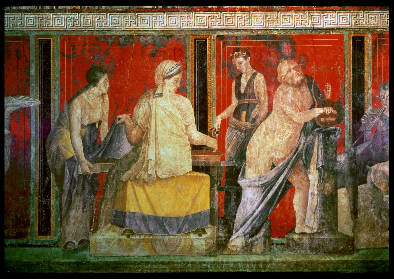Ministrant nesoucí tác s jídlem se Silenusem hrajícím na lyru a mladým satyrem hrajícím na Syrinx, North Wall, Oecus 5, 60-50 př.n.l. od Roman