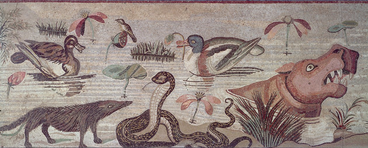 Nilská scéna, detail kachen, hada a hrocha, z mozaiky Casa del Fauno House of Faun Pompeje od Roman