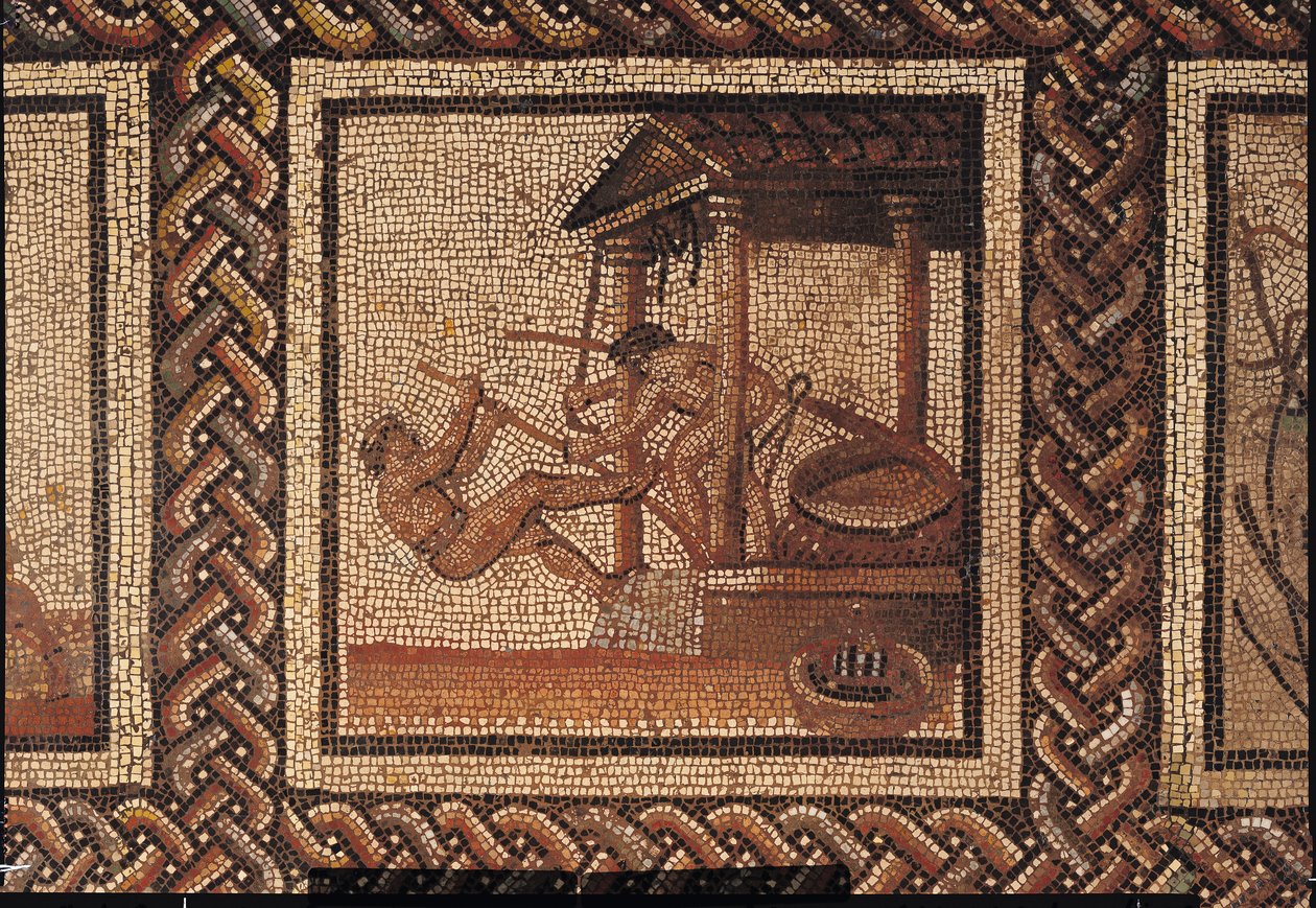 Lisování oliv (mozaika), původem ze Saint-Romain-en-Gal od Roman