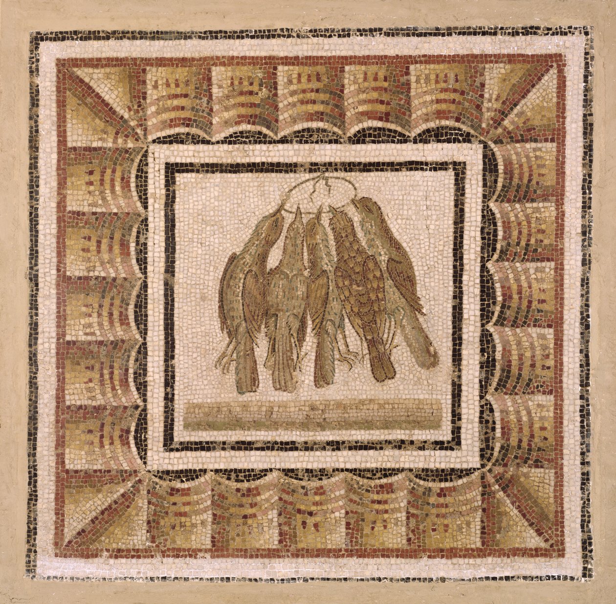 Dlažba zobrazující pět drozdů, z El-Jem (Thysdrus) (mozaika) od Roman