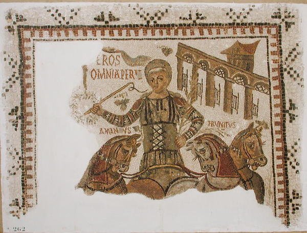 Dlažba zobrazující vozataje Erose na jeho čtyřkolce, z Dougga, Tunisko (mozaika) od Roman