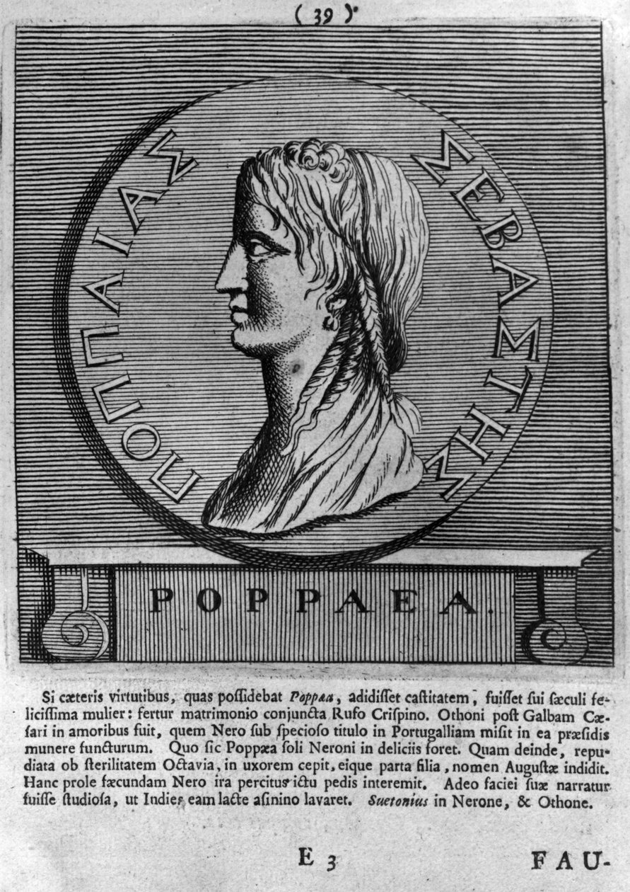 Poppaea Sabina, rytina podle římské mince datované 54-68 našeho letopočtu od Roman