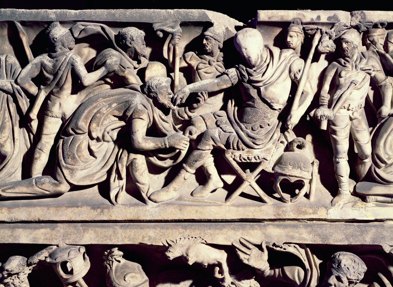 Reliéf ze sarkofágu zobrazující podrobení barbara římskému generálovi od Roman