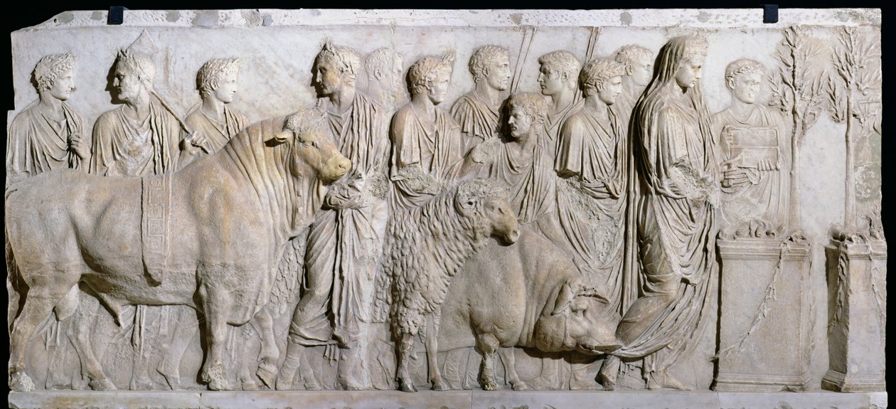 Obětování býka, berana a prasete na počest boha marse, vlys z oltáře Domitia Ahenobarba, z Neptunova chrámu v Římě (detail) od Roman