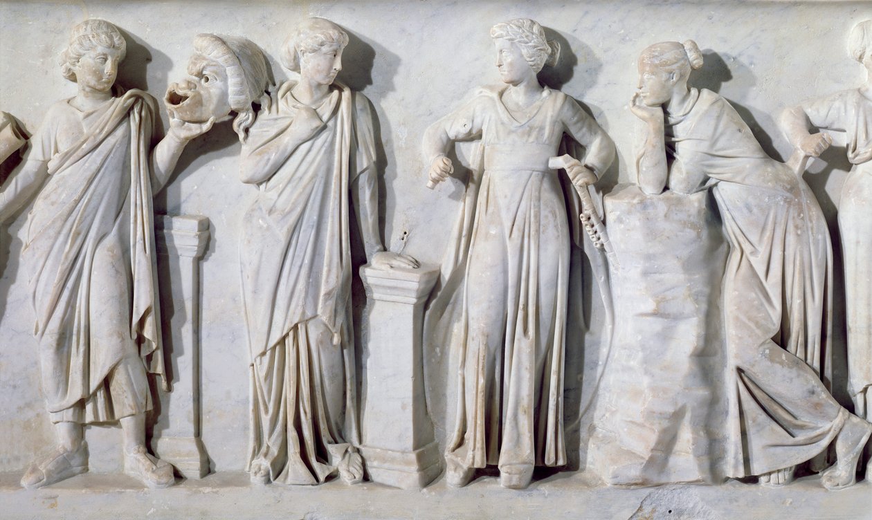 Sarkofág múz, detail Thalie, Erato, Euterpe a Polyhymnia, mramor kolem roku 160 našeho letopočtu od Roman