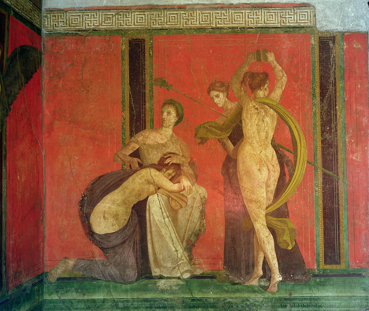 Bičovaná žena a tanečnice s činely, South Wall, Oecus 5, Druhý pompejský styl od Roman