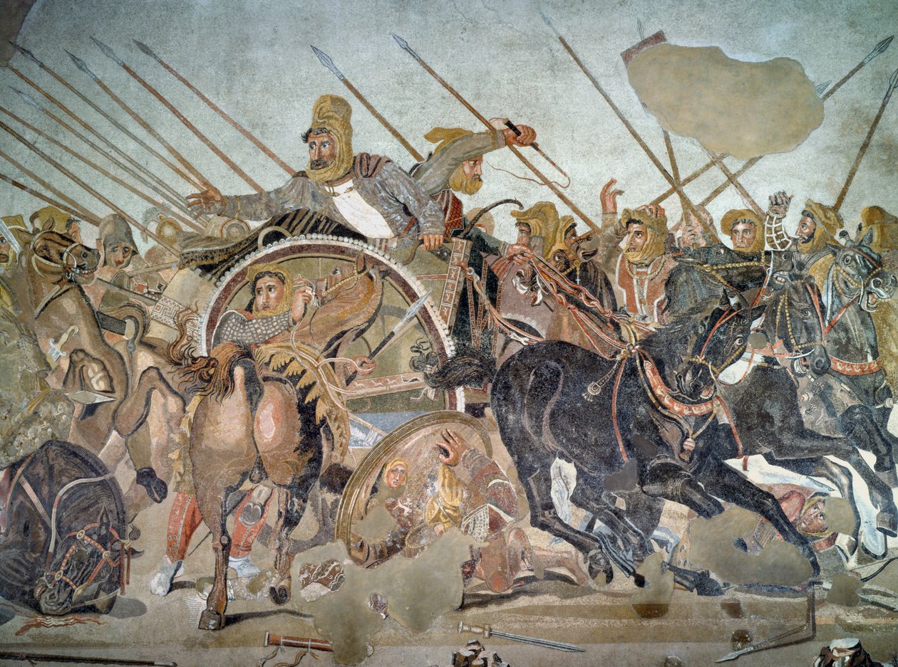 Alexandrova mozaika, detail zobrazující Dareia III. 399-330 př. n. l. v bitvě u Issu proti Alexandru Velikému 356-323 př. n. l. v roce 333 př. n. l. detail mozaiky z roku 154003 od Roman
