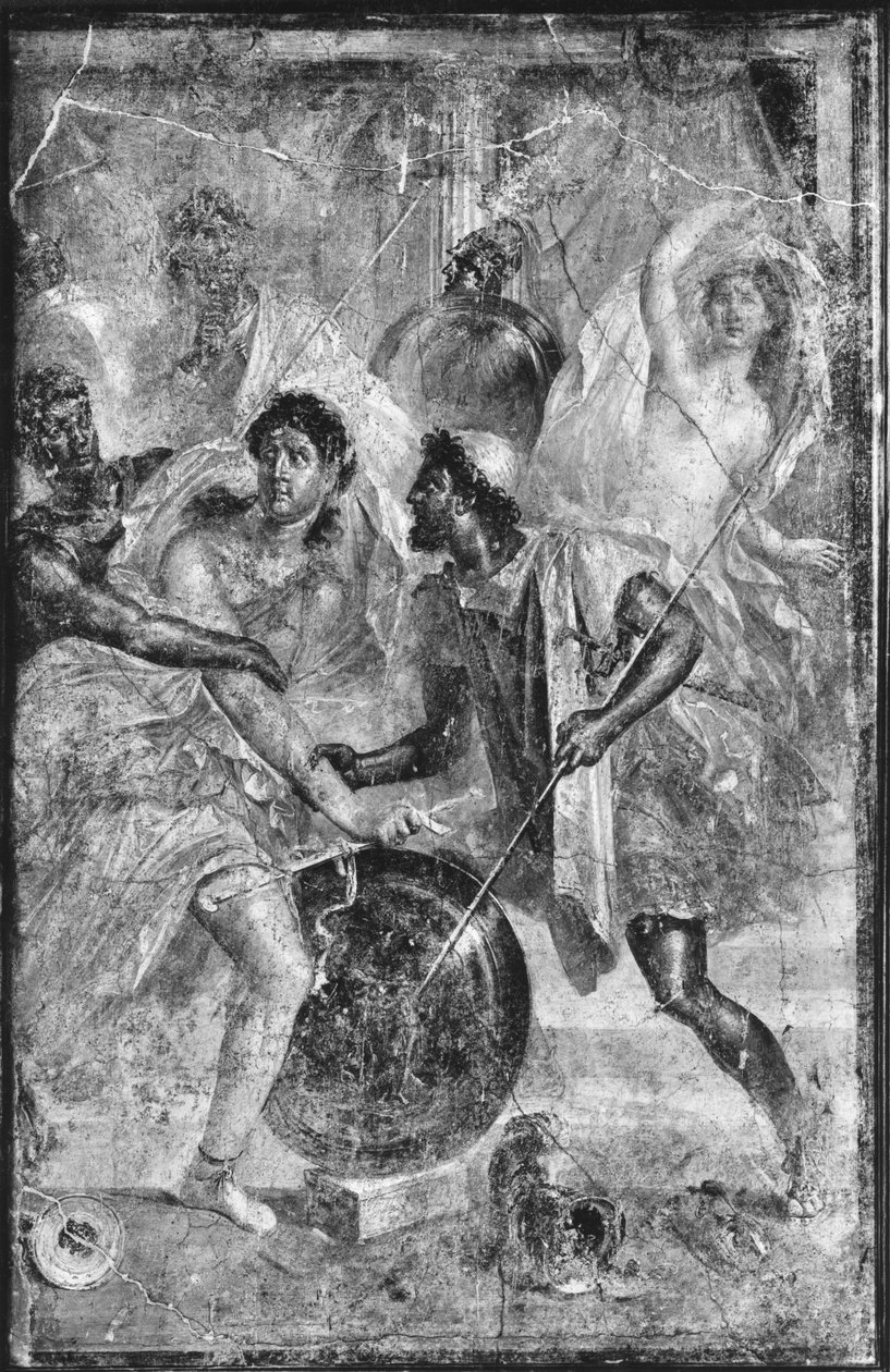 Ulysses a Diomedes poznávající Achilla přestrojeného za ženu Pyrrhu mezi dcerami Lycomedes na Skyrosu z Pompejí od Roman
