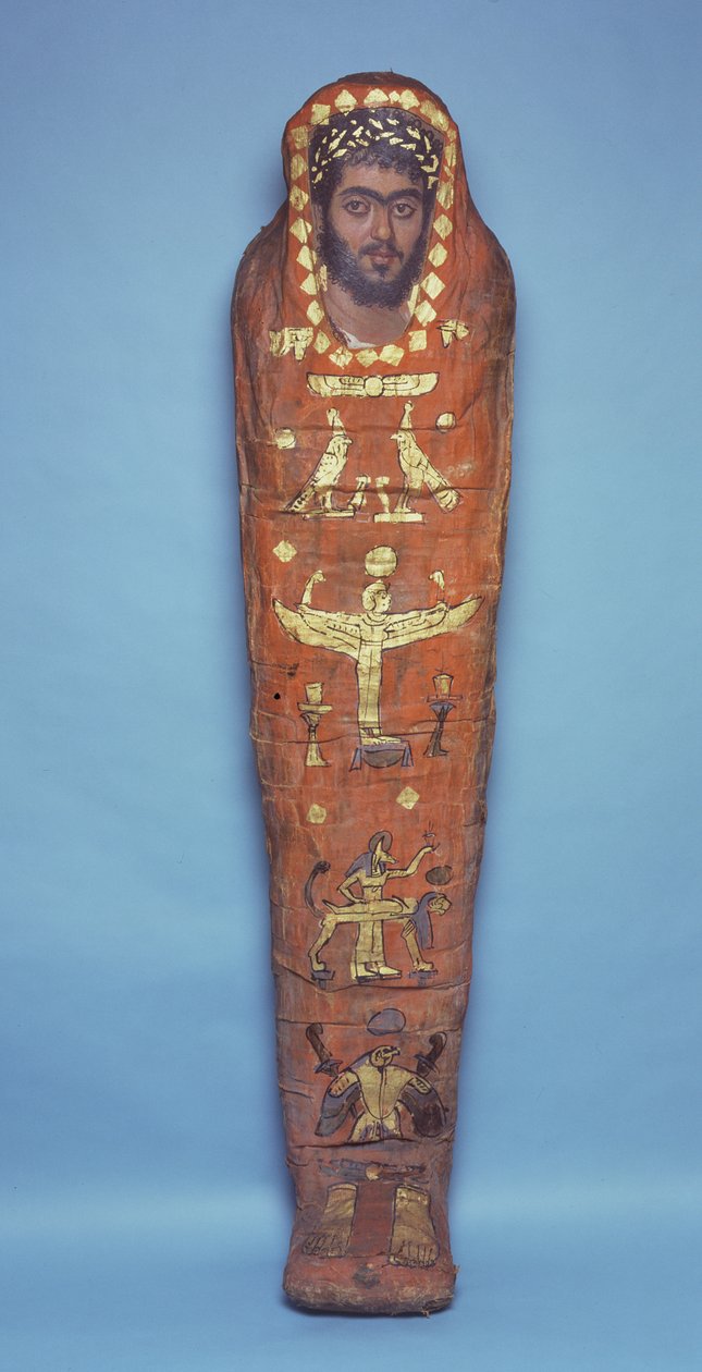 Mumie mladého muže s enkaustickým portrétem z El-Hibeh (lněným plátnem zabalené lidské ostatky s malovaným dřevěným panelem) od Roman Period Egyptian