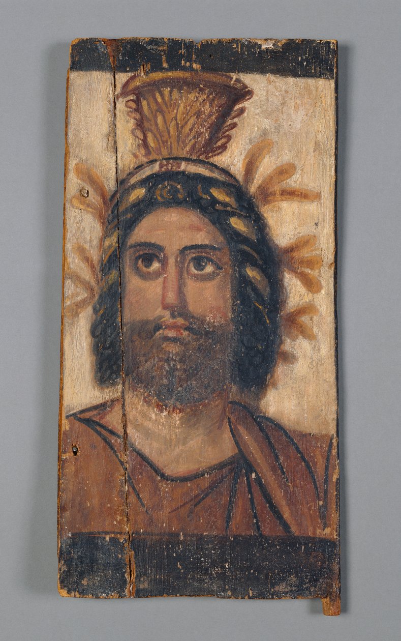 Panel s malovaným obrazem Serapis se zlatou korunou Kalathos, 180–200 n. l. (tempera na dřevě) od Roman Period Egyptian