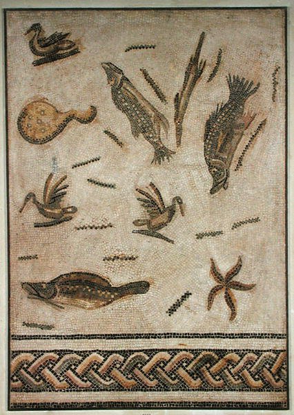 Kachny a mořská fauna, fragment chodníku z Utica, Tunisko, 3.-4. století (mozaika) od Roman Roman