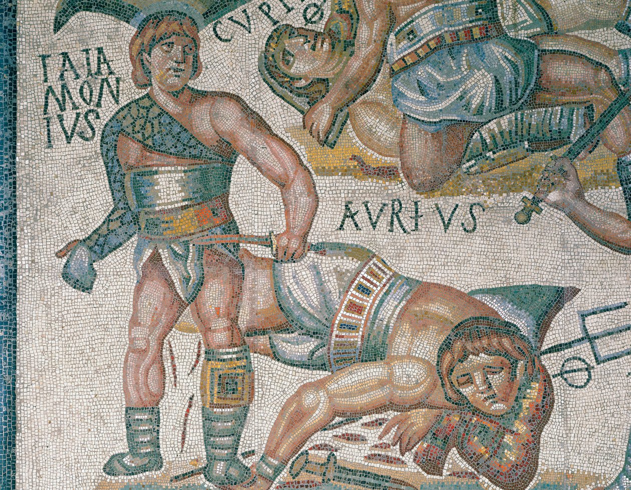 Mozaika zobrazující scénu bojujících gladiátorů, detail, umístěná v galerii Borghese v Římě od Roman Roman