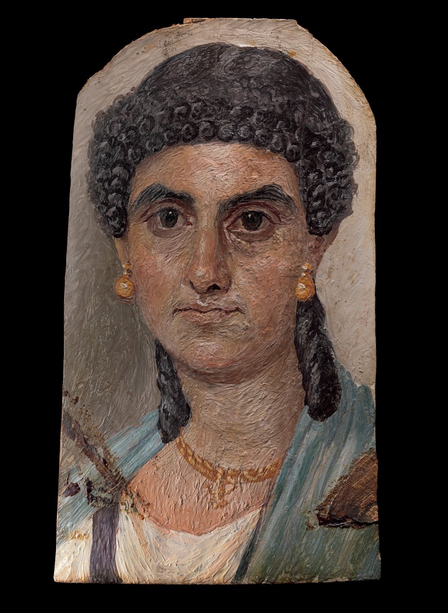 Desková malba ženy v modrém plášti, 54-68 našeho letopočtu (enkaustika na dřevě) od Roman Roman
