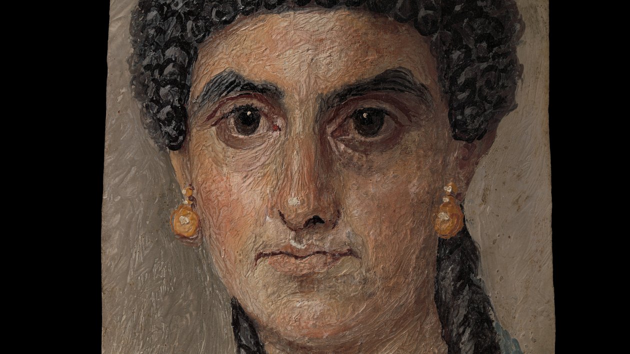 Desková malba ženy v modrém plášti, 54-68 našeho letopočtu (enkaustika na dřevě) od Roman Roman