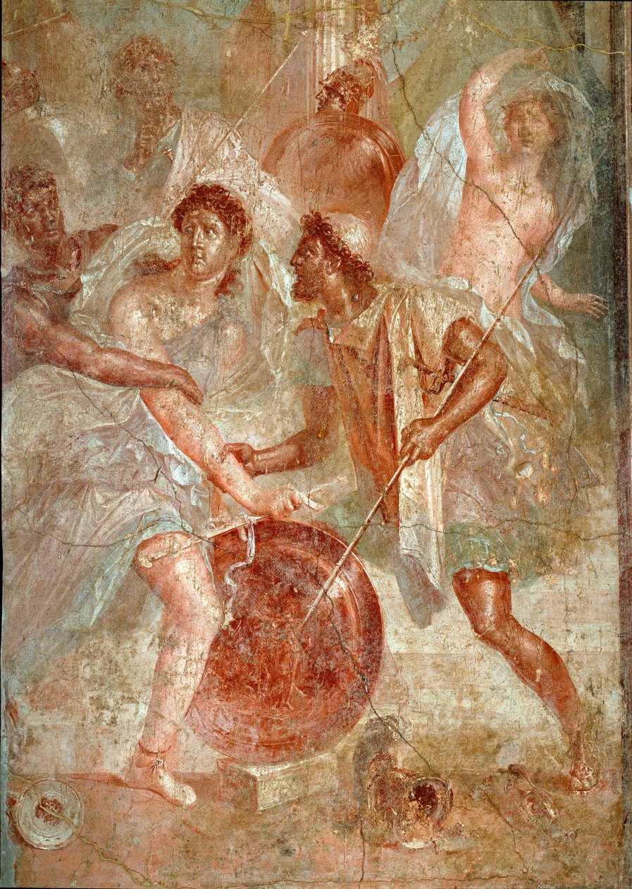 Achilles, přestrojení za ženy, je rozpoznán Ulyssesem mezi dcerami Lycomede a Scyros Fresco z Pompejí. 1. století našeho letopočtu. Ztlumit. 145,5x137,5 cm Neapol, národní archeologické muzeum - římské umění. Násilný boj mezi obyvateli Pompejí a Noceru od Roman