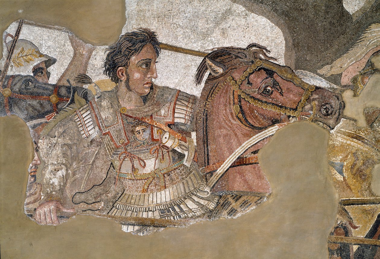 Alexandr Veliký (356 - 323 př. n. l.) na koni Bucephale. Mozaika z Faunova domu v Pompejích od Roman