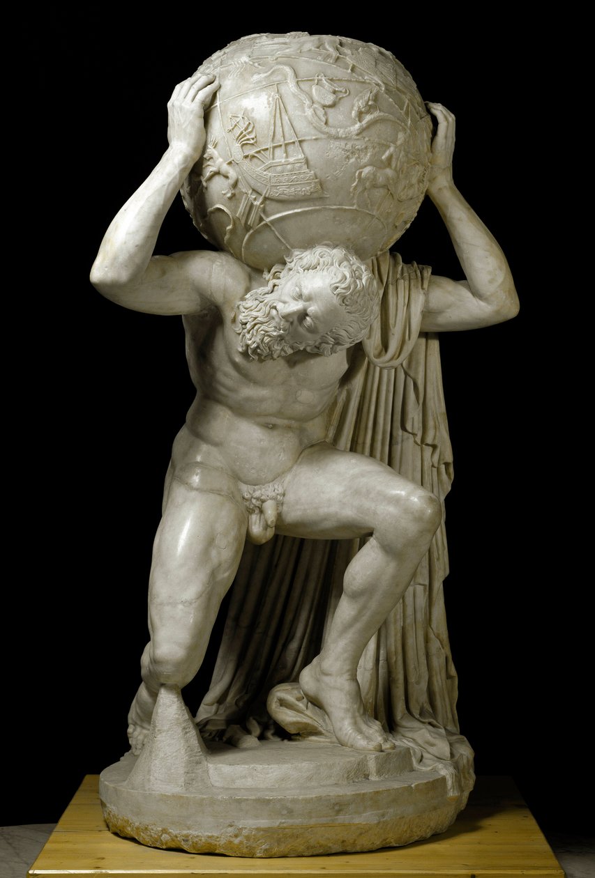 Atlas Farnese Atlas s nebeským glóbem symbolizujícím astronomické znalosti daného období. Římská mramorová socha podle řeckého originálu. 2. století. Ztlumit. 191 cm Museo Archeologico Nazionale, Neapol od Roman