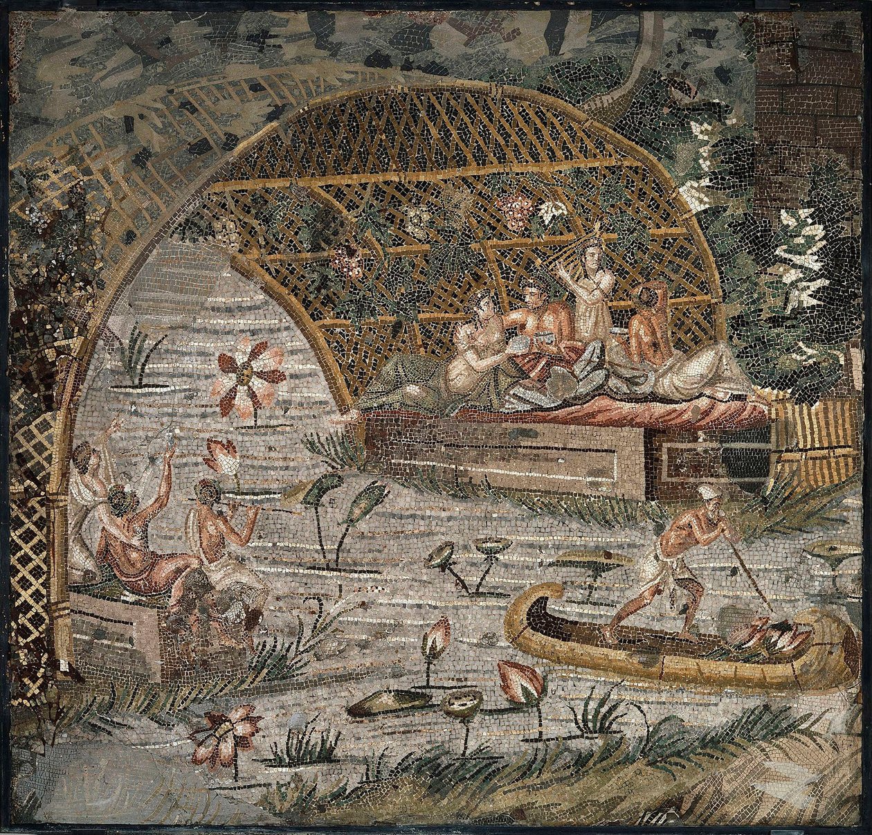 Banket pod pergolou u Nilu - Detail nilské mozaiky Palestrina - 3. století př. n. l. - Nilská mozaika Palestrina - 3. století př. n. l., 95x102 cm - Staatliche Museen, Berlín od Roman