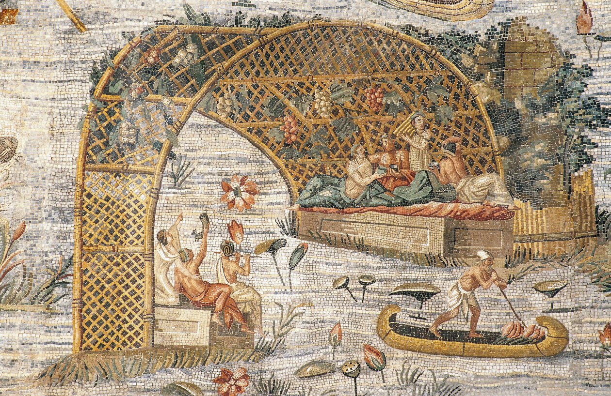 Banket pod pergolou, detail z nilotské mozaiky záplav řeky Nil v Egyptě, ze svatyně Fortuna Primigenia v Palestrině, Lazio, Itálie, římská civilizace od Roman