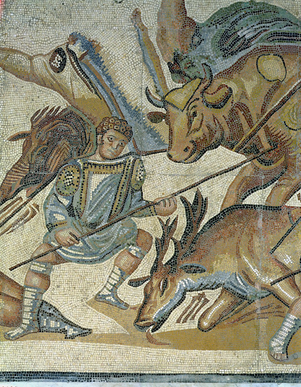 Bitva gladiátorů se zvířaty, detail gladiátora, který kopíruje býka, 320 n. l. (mozaika) od Roman